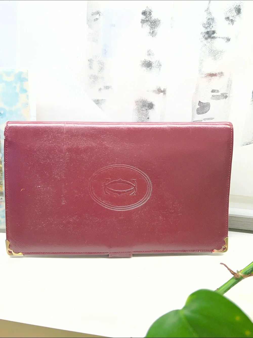 Cartier VINTAGE Burgundy Leather Document Folio with Gold Corners